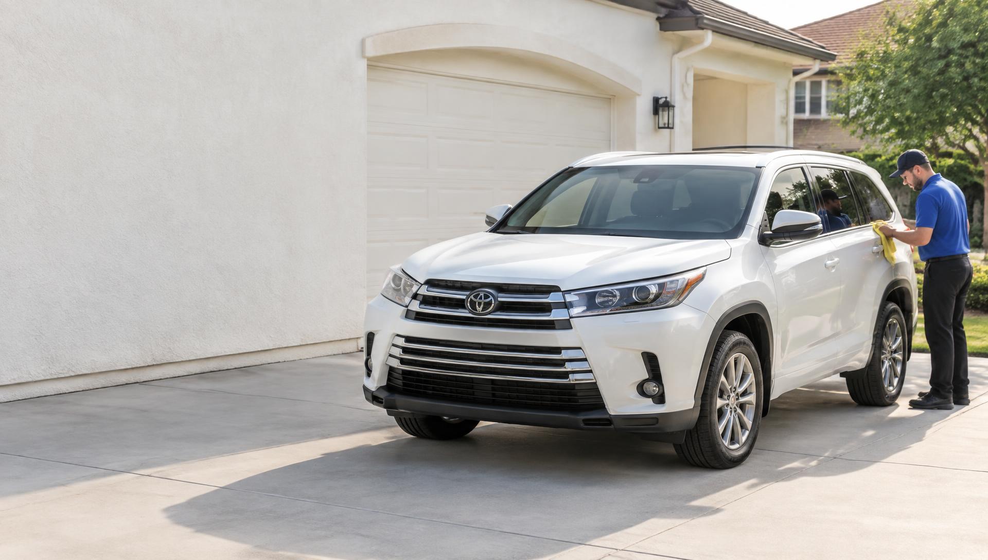 A mobile detailer polishing a white family SUV on a sunny driveway
