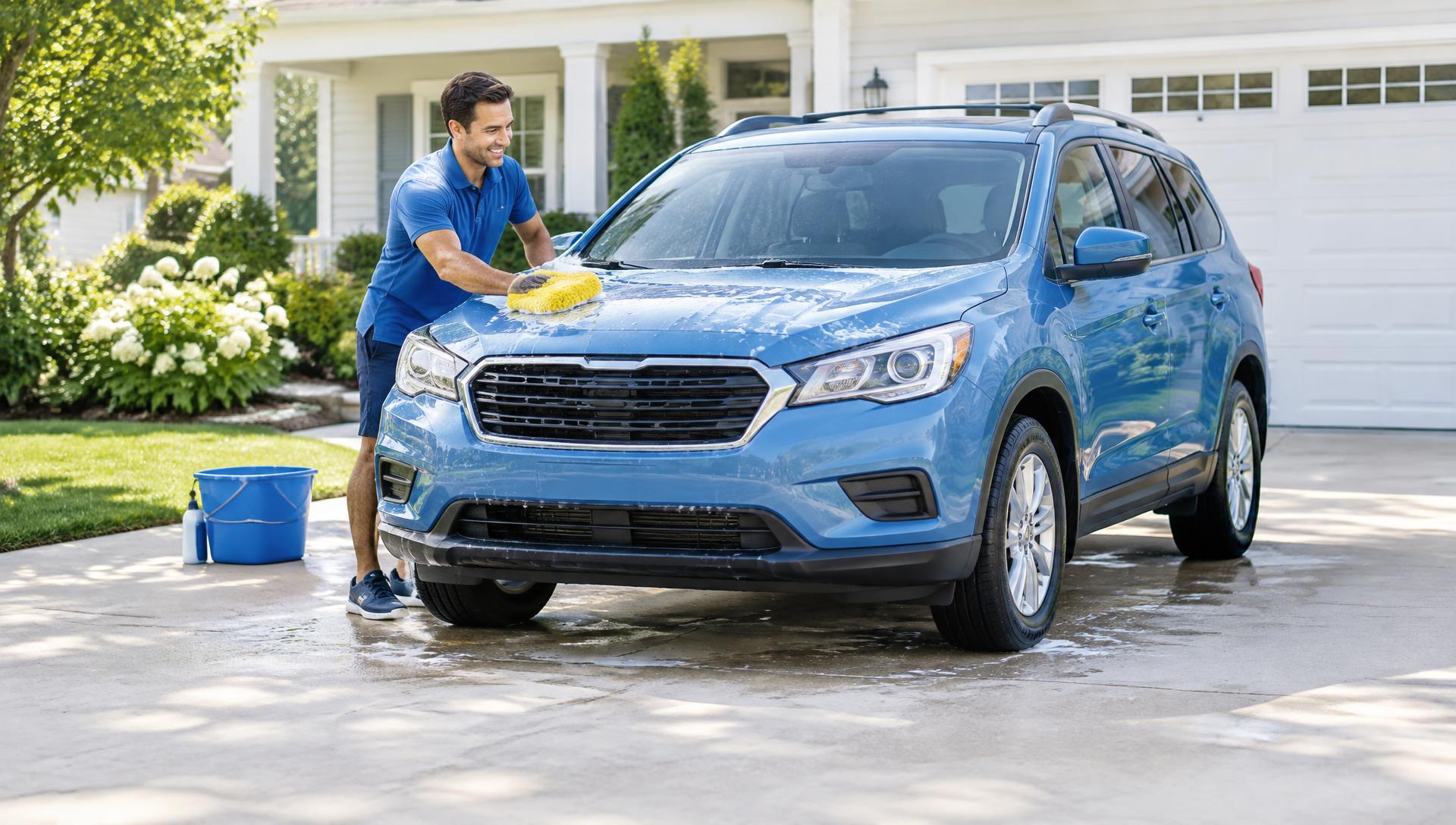 Hand washing a blue family SUV at home